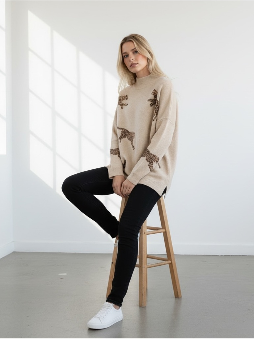 NWT Entro Cheetah Print Beige Sweater Sz L